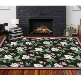 Tapis sol floral - Les camélias blanches et roses sur fond noir, bord rose poudré
