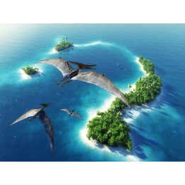 Revêtement sol salle de bain, chambre d'enfant paysage fantaisie - Tyranotons s'envolent au dessus de l'océan