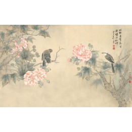 Peinture chinoise zen fleurs et oiseaux - Hibiscus roses et oiseaux