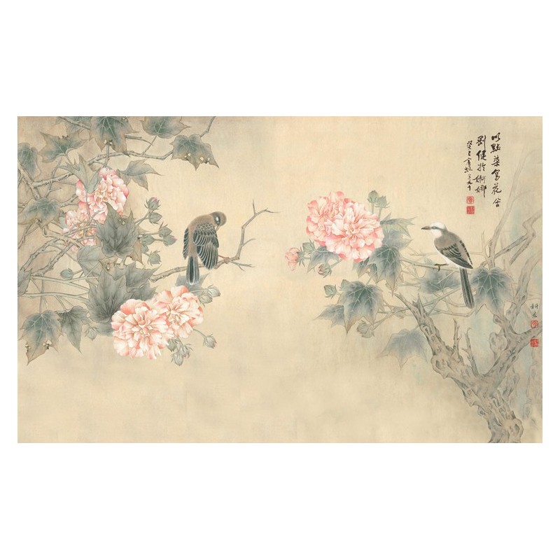 Peinture chinoise zen fleurs et oiseaux - Hibiscus roses et oiseaux