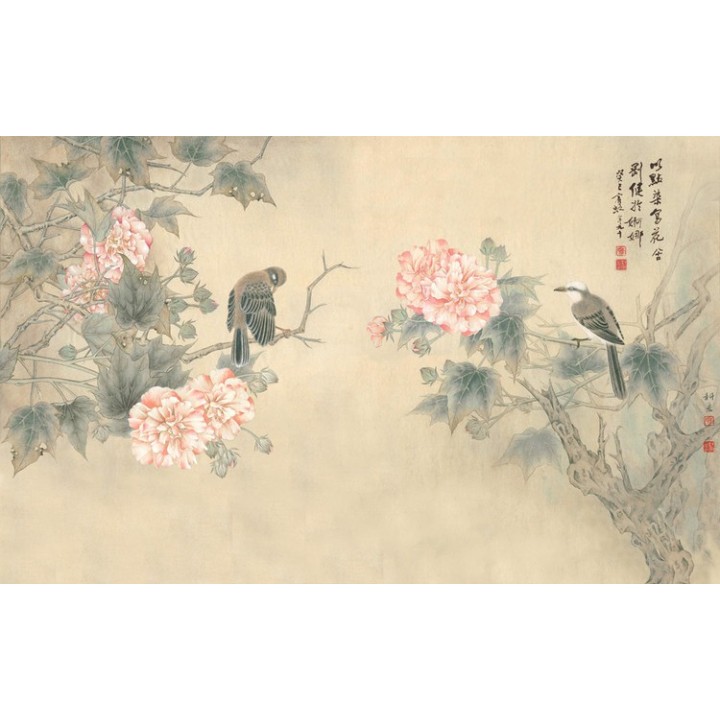 Peinture chinoise zen fleurs et oiseaux - Hibiscus roses et oiseaux