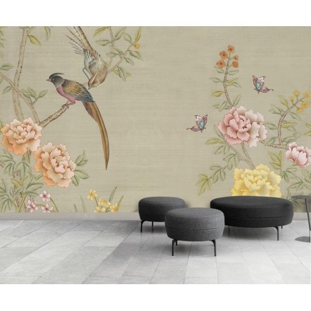 Peinture asiatique fleurs et oiseaux - Les pivoines roses et jaunes, les oiseaux et les papillons