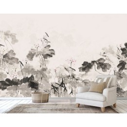 Peinture à l'encre de Chine en noir, blanc, gris, rose, couleur légère - Les lotus
