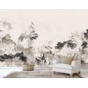 Peinture à l'encre de Chine en noir, blanc, gris, rose, couleur légère - Les lotus