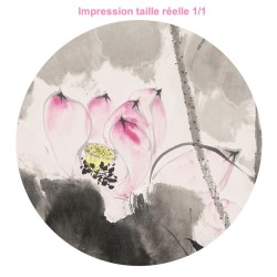 Peinture à l'encre de Chine en noir, blanc, gris, rose, couleur légère - Les lotus
