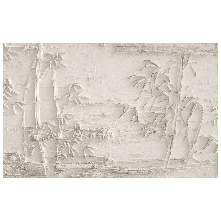 Papier peint 3D trompe l'œil effet bas relief couleur beige - Les bambous sculptés sur mur brut
