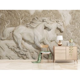 Papier peint 3D trompe l'œil effet bas relief sculpté - Les chevaux courent en vitesse