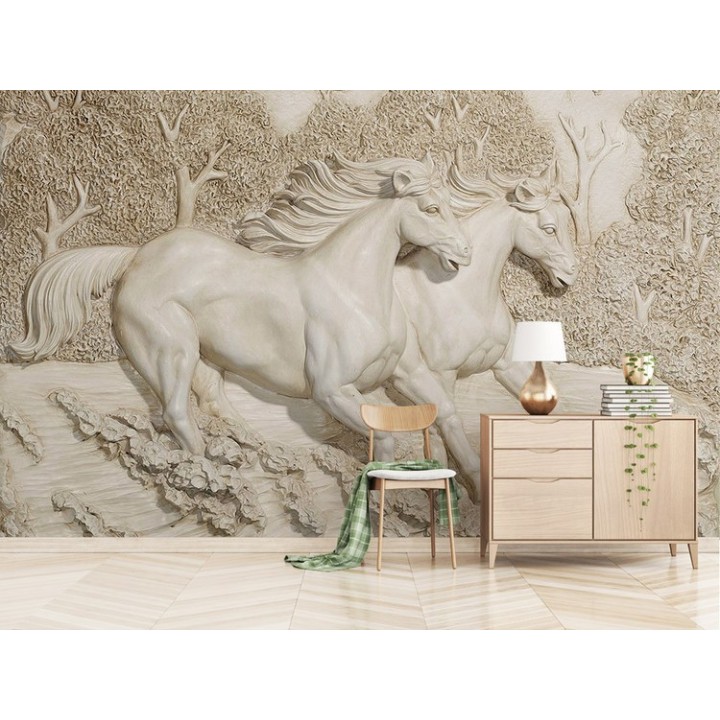 Papier peint 3D trompe l'œil effet bas relief sculpté - Les chevaux courent en vitesse