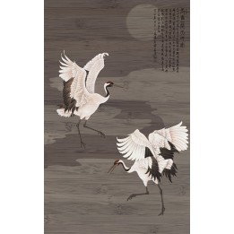Panneau japonais thème "oiseau" format vertical, effet sur bois foncé - Les grues du Japon