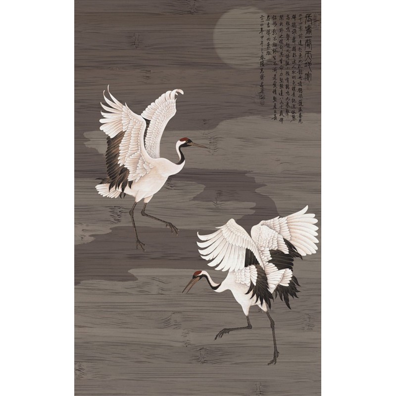 Panneau japonais thème "oiseau" format vertical, effet sur bois foncé - Les grues du Japon