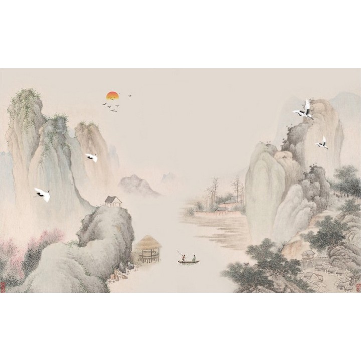 Paysage asiatique - Village montagneux au bord de la rivière