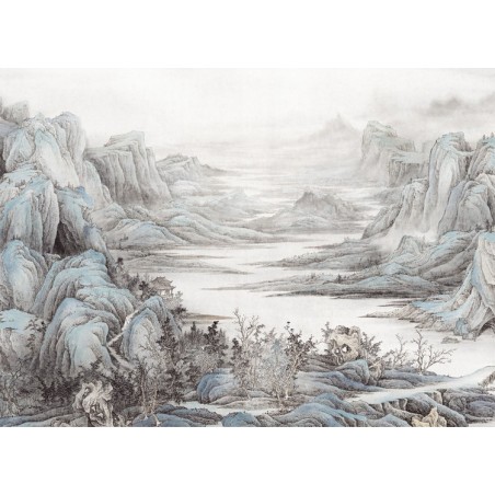 Tapisserie asiatique zen - Paysage de la montagne, couleur gris, blanc et bleu