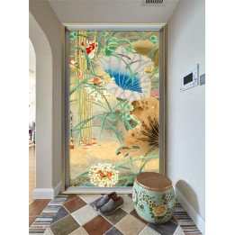 Tapisserie asiatique fleurs et oiseaux format vertical - Oiseau dans l'etang avec lotus rouge blanc