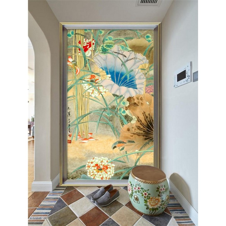 Tapisserie asiatique fleurs et oiseaux format vertical - Oiseau dans l'etang avec lotus rouge blanc