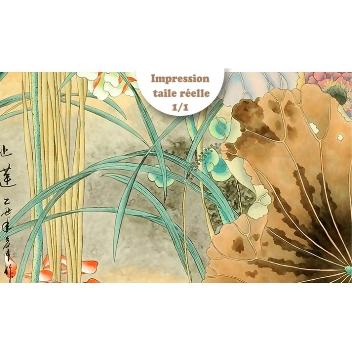 Tapisserie asiatique fleurs et oiseaux format vertical - Oiseau dans l'etang avec lotus rouge blanc