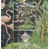 Tapisserie tropicale issue d'un tableau d'artiste ancien - Flamants roses et magnolia au bord du lac, motif sur fond noir