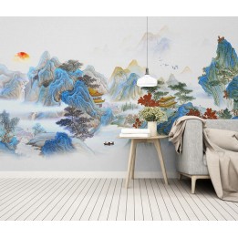 Papier peint japonais paysage zen - Temple se cache dans la montagne, ton bleu