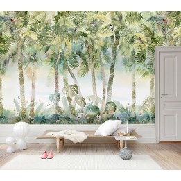 Tapisserie tropicale couleur légère - Oiseaux enchantés dans les palmiers, papillons dans le buisson avec les fleurs