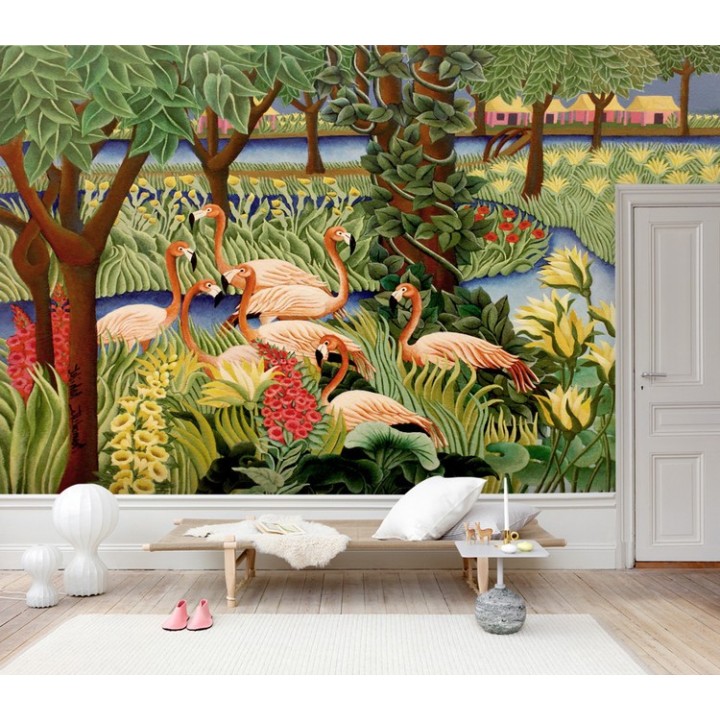 Tapisserie tropicale art naïf - Flamants roses au milieu des fleurs