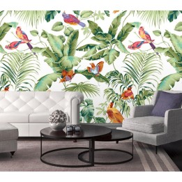 Tapisserie tropicale - Les oiseaux exotiques et les feuilles sur fond blanc