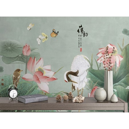 Tapisserie asiatique fleurs et oiseaux - Lotus roses et grue du Japon