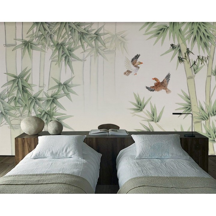 papier peint japonais zen tapisserie murale soie lé unique bambou oiseau