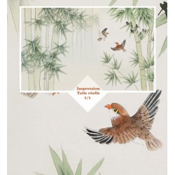 Tapisserie asiatique couleur légère - Les bambous et les oiseaux