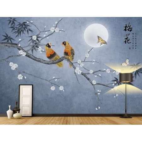 Peinture asiatique zen fleurs et oiseaux - Fleur de mei, bambou et oiseaux dans la nuit