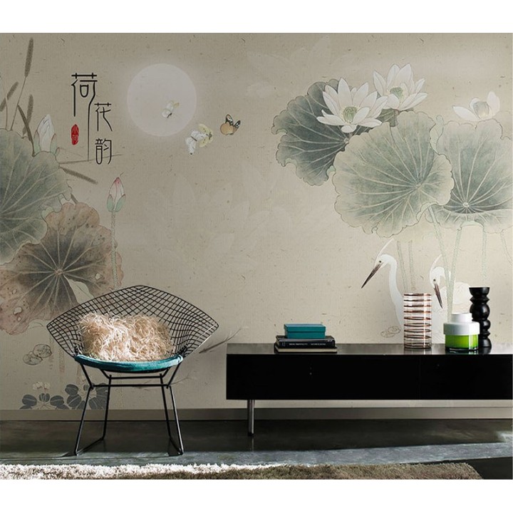 décoration murale zen papier peint design japonais lotus tapisserie oiseau