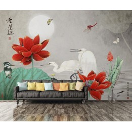 papier peint panoramique tapisserie floral zen lotus rouge oiseau blanc