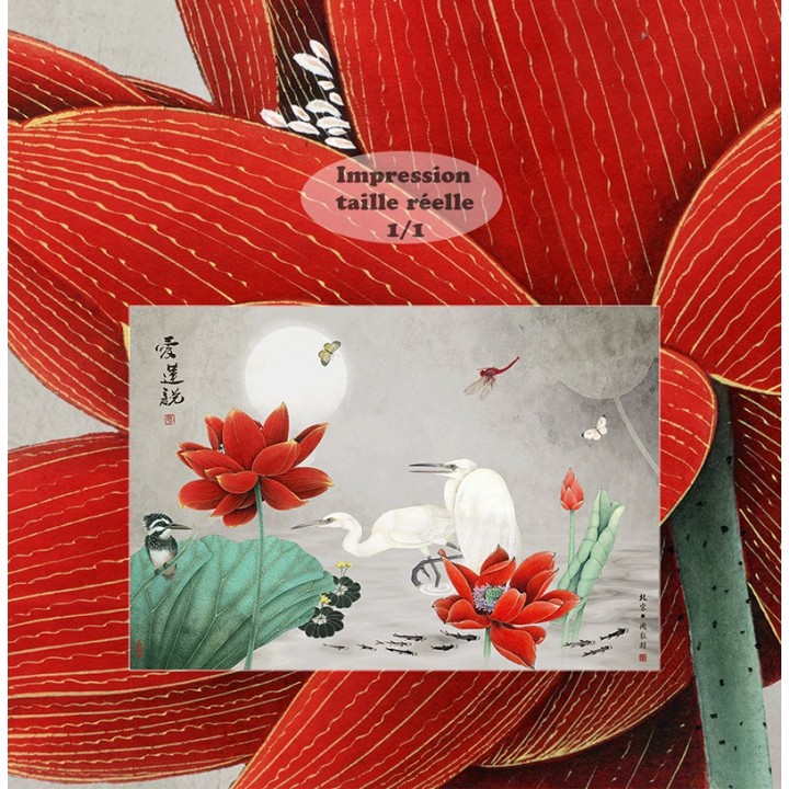 papier peint panoramique tapisserie floral zen lotus rouge oiseau blanc