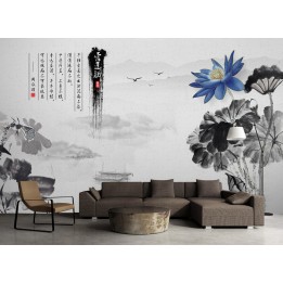 décoration murale zen noir et blanc papier peint asiatique lotus bleu