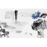 Paysage asiatique en noir et blanc avec lotus bleu