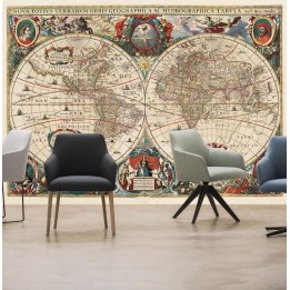 Vieille carte mondiale No. 3 avec fresque murale ancienne