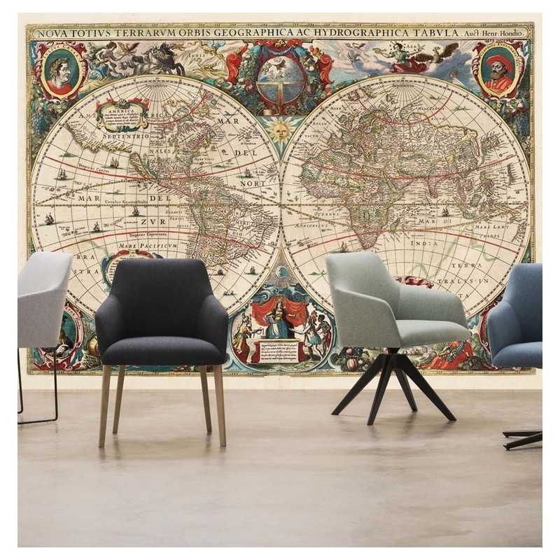 Vieille carte mondiale No. 3 avec fresque murale ancienne