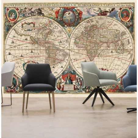 Vieille carte mondiale No. 3 avec fresque murale ancienne