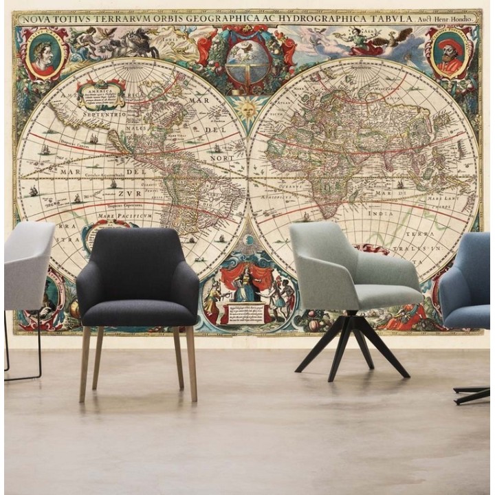 Vieille carte mondiale No. 3 avec fresque murale ancienne