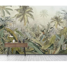 Tapisserie tropicale issue d'un tableau d'artiste - Palmiers et bannaliers dans la jungle, effet sépia