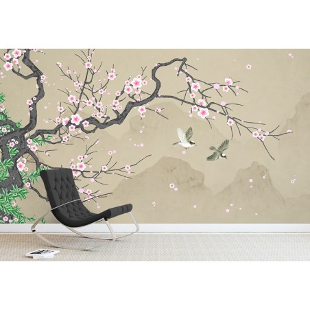 Peinture japonaise zen - Fleurs de cerisier et oiseaux sur fond beige