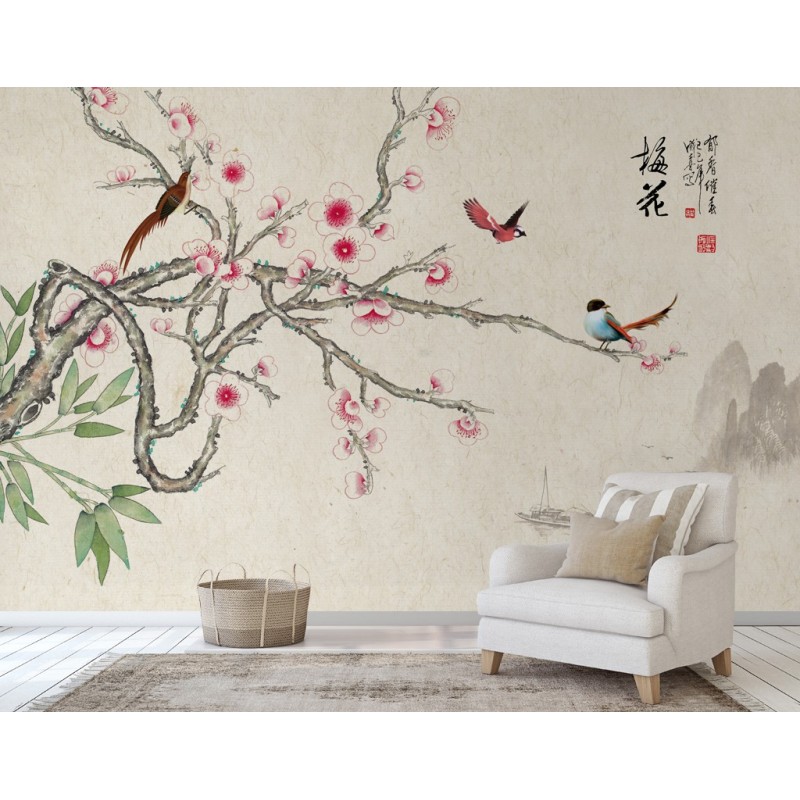 Peinture asiatique zen fleurs et oiseaux - Paysage avec les fleurs d'abricotier japonais et les oiseaux