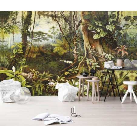 Tapisserie tropicale issue d'un tableau d'artiste - Plantes sous bois dans la jungle
