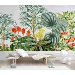 Tapisserie tropicale - Palmier et les fleurs exotiques, effet sur mur en béton blanc