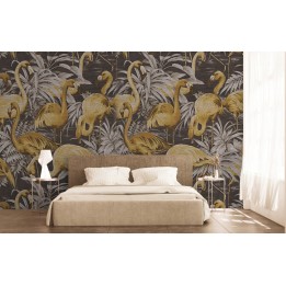 Oiseau tropical - Flamants roses dans l'eau avec les plantes, ton gris marron