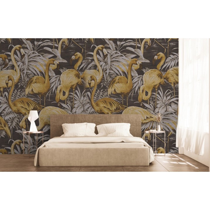 Oiseau tropical - Flamants roses dans l'eau avec les plantes, ton gris marron