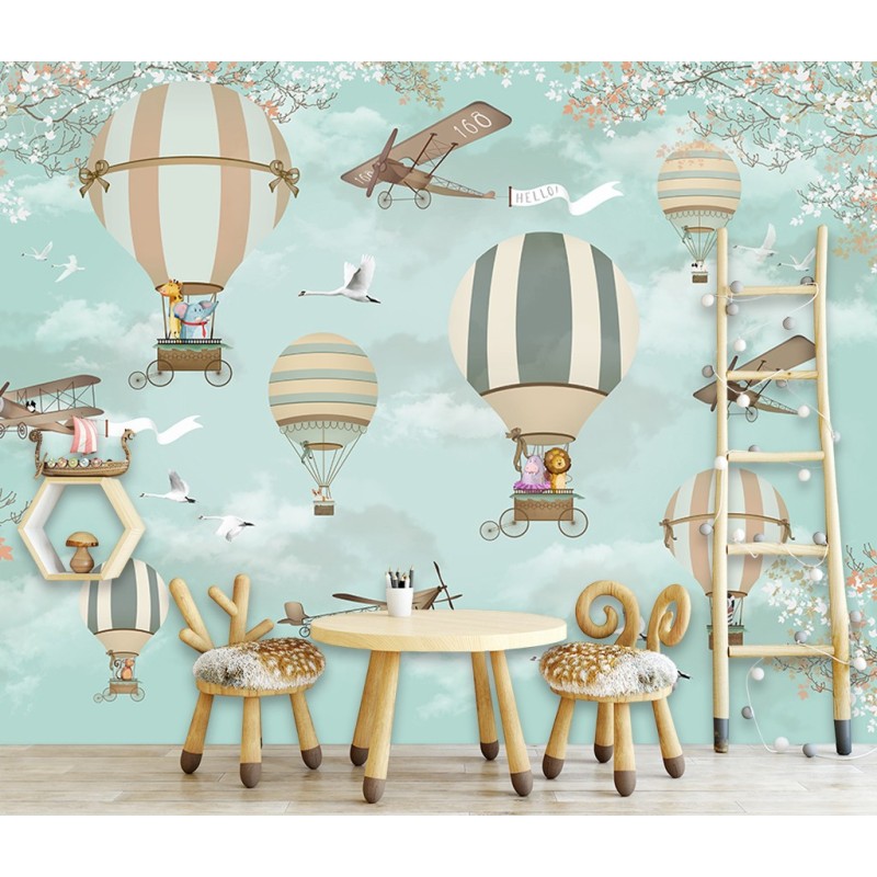 Papier peint photo personnalisé tête de lit panoramique chambre enfant  paysage romantique les montgolfières