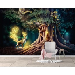 papier peint château cerf chambre enfant tête de lit paysage féerique 