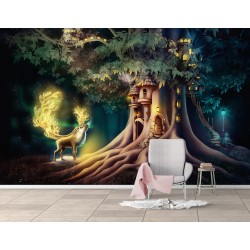 Paysage féerique avec l'animal légendaire - Cerf et château dans l'arbre géant dans la nuit