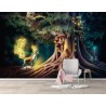 Paysage féerique avec l'animal légendaire - Cerf et château dans l'arbre géant dans la nuit