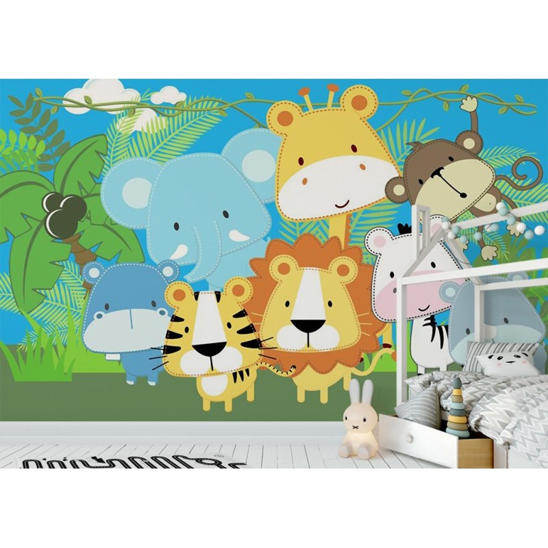 Papier peint animaux chambre bébé - Lion tigre girafe éléphant hippopotame zèbre singe rhinocéros