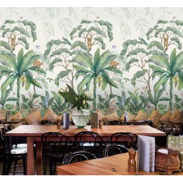Paysage de la jungle - Singe sur bananier, perroquet sur abre, oiseau de paradis, calla, héliconia dans le sous bois